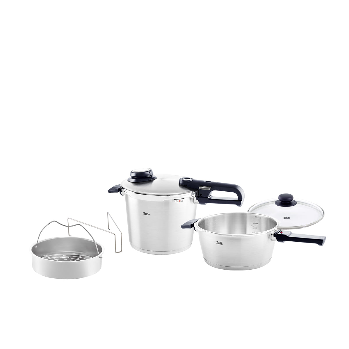 Fissler Vitavit® Premium 3-teiliges Schnellkochtopf-Set aus Edelstahl, 3,5L & 6L, Glasdeckel, Korb & Untersetzer. Qualität aus deutscher Produktion.