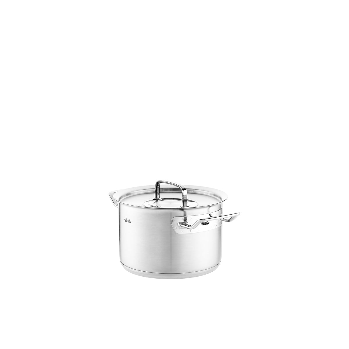 Fissler Original-Profi Collection® Kochtopf aus Edelstahl, mit Metalldeckel und Griffen, induktionsgeeignet, vor weißem Hintergrund.