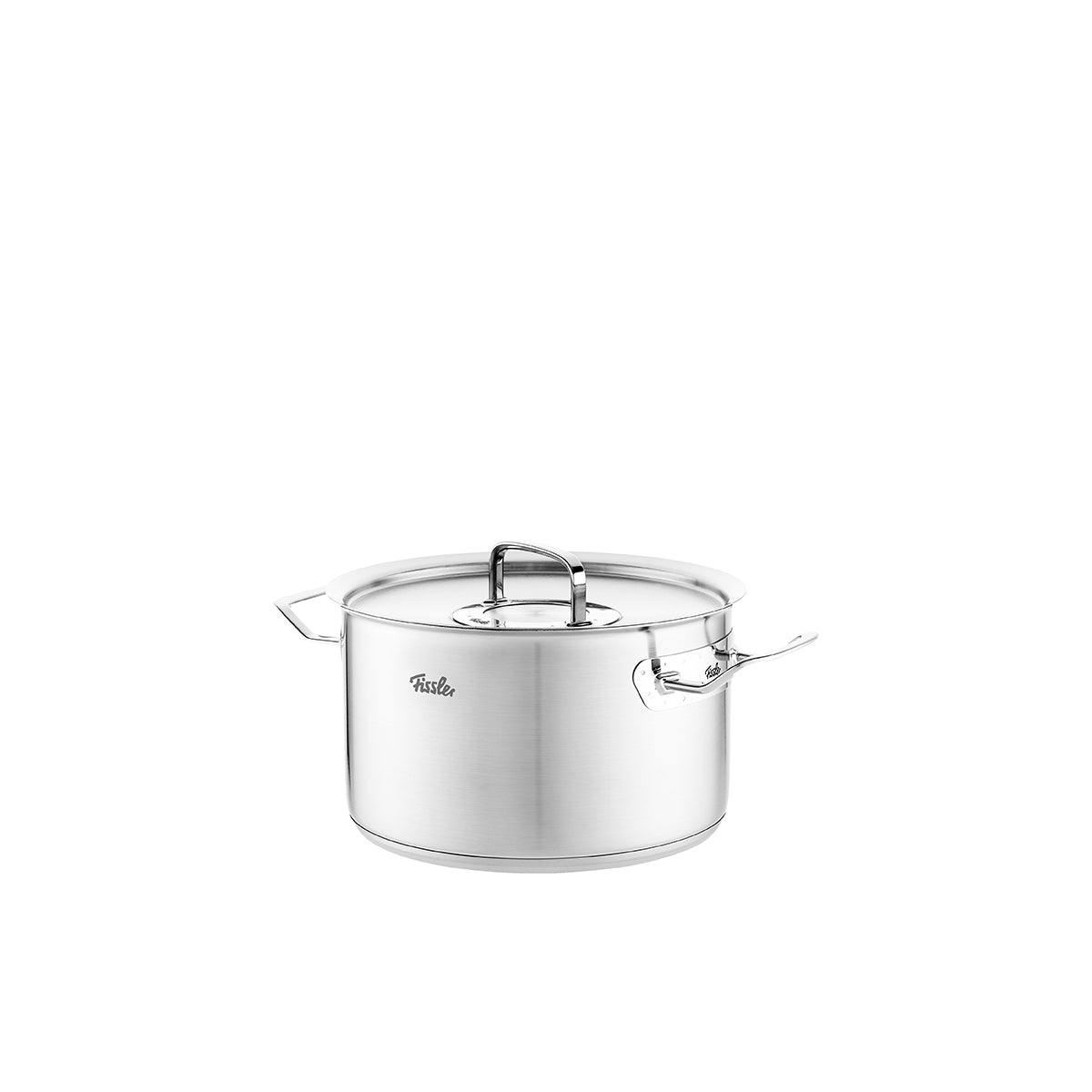 Fissler Original-Profi Collection® Kochtopf aus Edelstahl mit Metalldeckel und Griffen, "Made in Germany", auf weißem Hintergrund.