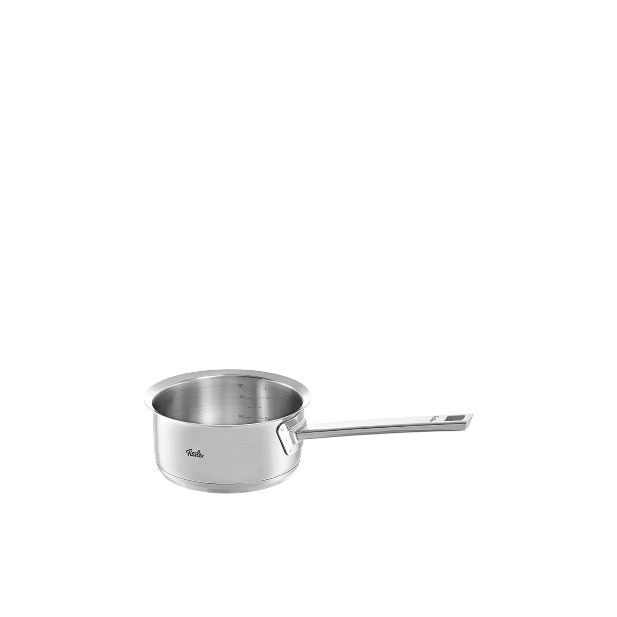 Fissler Original-Profi Collection® Stielkasserolle 16 cm aus Edelstahl 18/10, ohne Deckel, mit Griff und Innen-Skala, vor weißem Hintergrund.