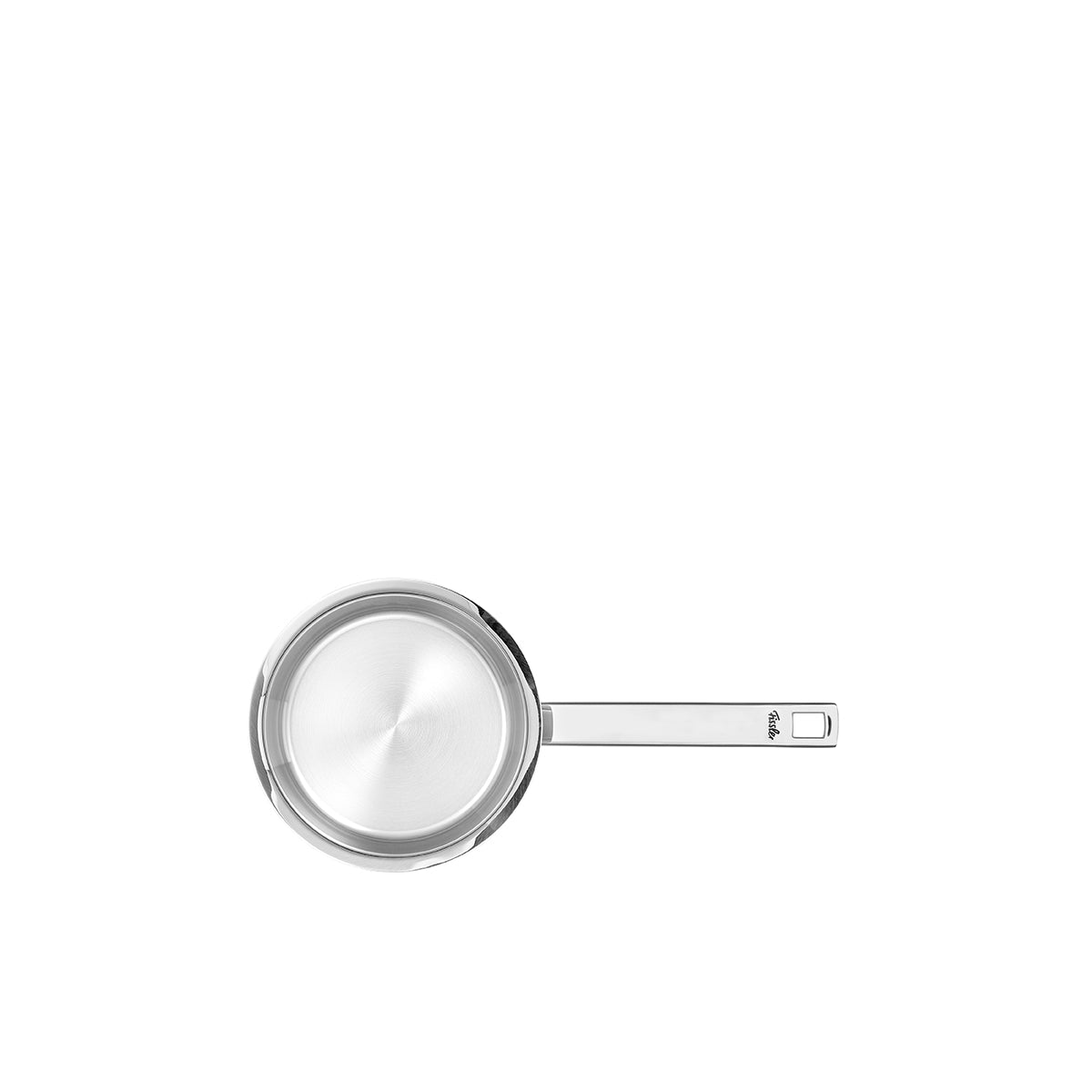 Fissler Original-Profi Collection® Stielkasserolle 16 cm aus Edelstahl 18/10, ohne Deckel, mit langem Griff auf weißem Hintergrund.