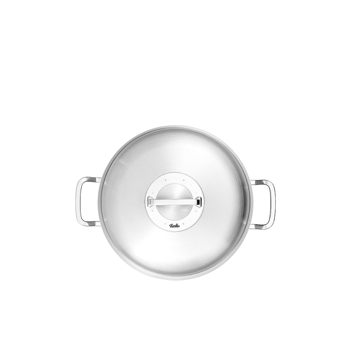 Erleben Sie deutsche Ingenieurskunst: der Fissler Original-Profi Collection® Rundbräter 28cm, zwei Griffe, Hochraumdeckel, Draufsicht.