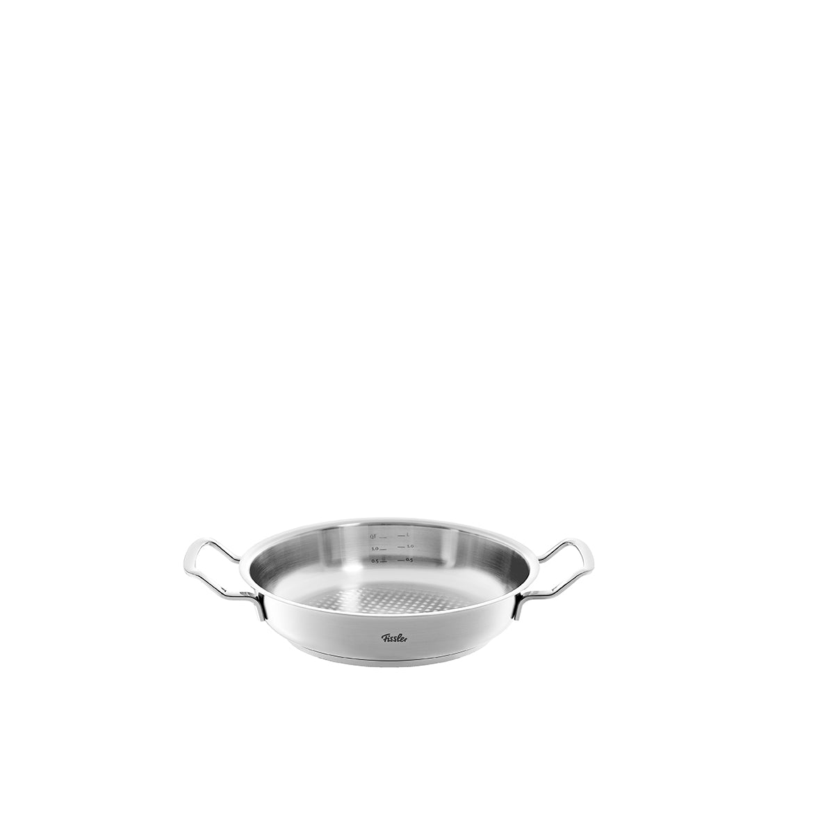 Vfront view of the Fissler Original-Profi Collection® Serving Pan with side handles, stainless steel, suitable for induction, on a white background.