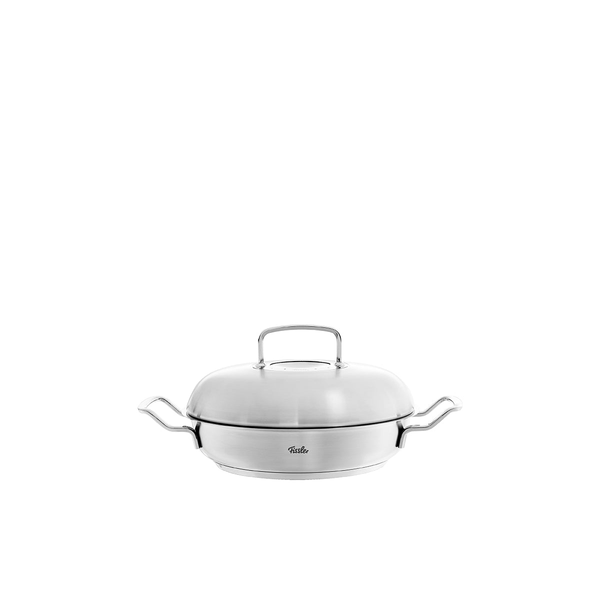 Fissler Original-Profi Collection® Servierpfanne mit Novogrill®, Edelstahl, zwei Griffe, auf weißem Hintergrund, modern designt.