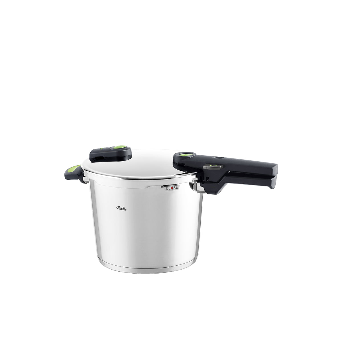 Fissler Vitaquick® Green Stainless Steel Pressure Cooker, Black & Green Handles, Secure Dual-Lock Lid, Modern Design.