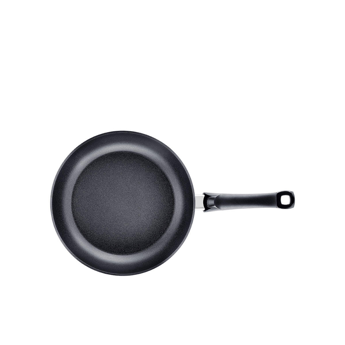 Fissler Levital®+ Classic Pan, black, recycled aluminum, long handle. Modern, durable German design. Top view on a white background.