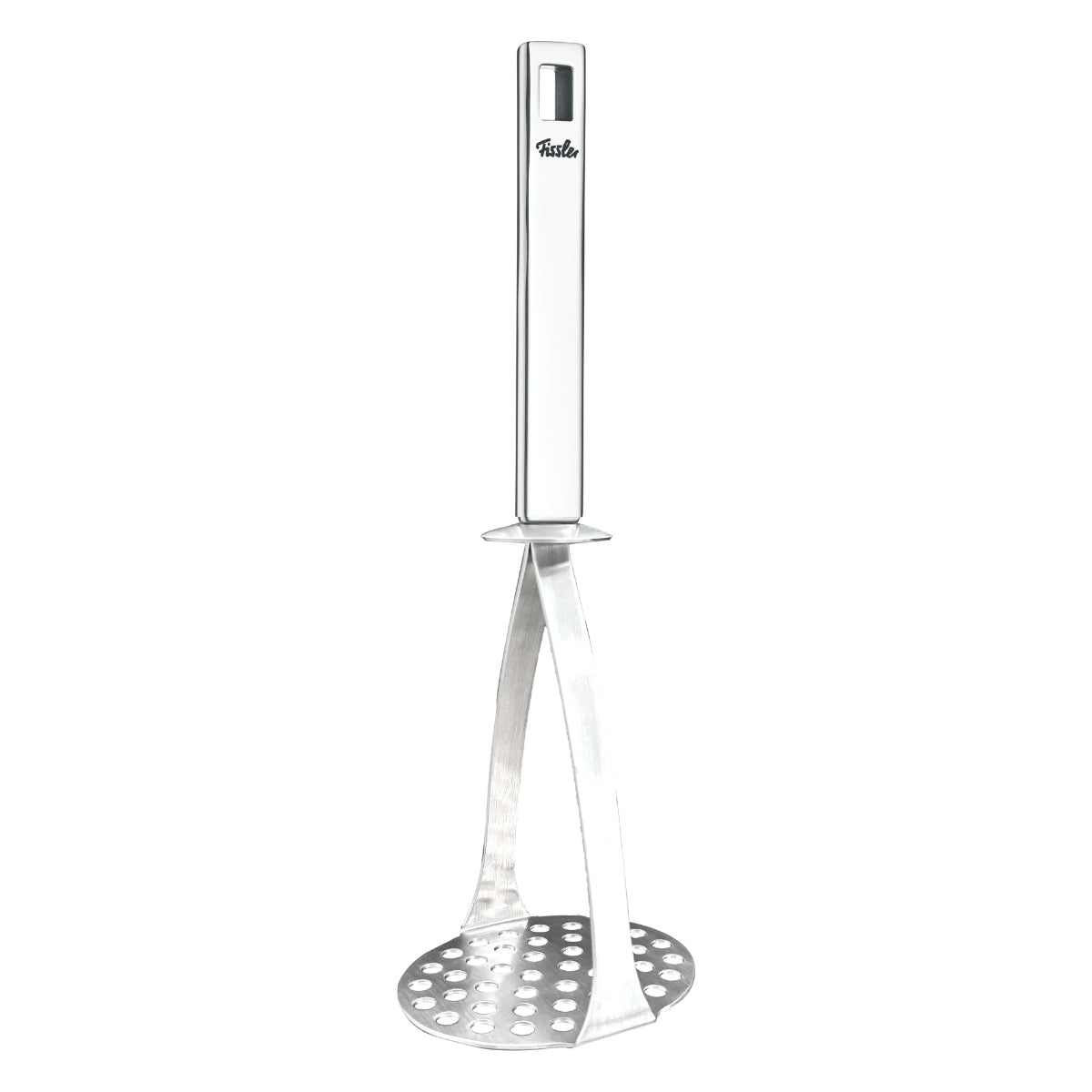 Fissler Original-Profi Collection® Kartoffelstampfer aus rostfreiem Stahl mit quadratischem Griff - Präzisionsarbeit aus Deutschland, auf weißem Grund.
