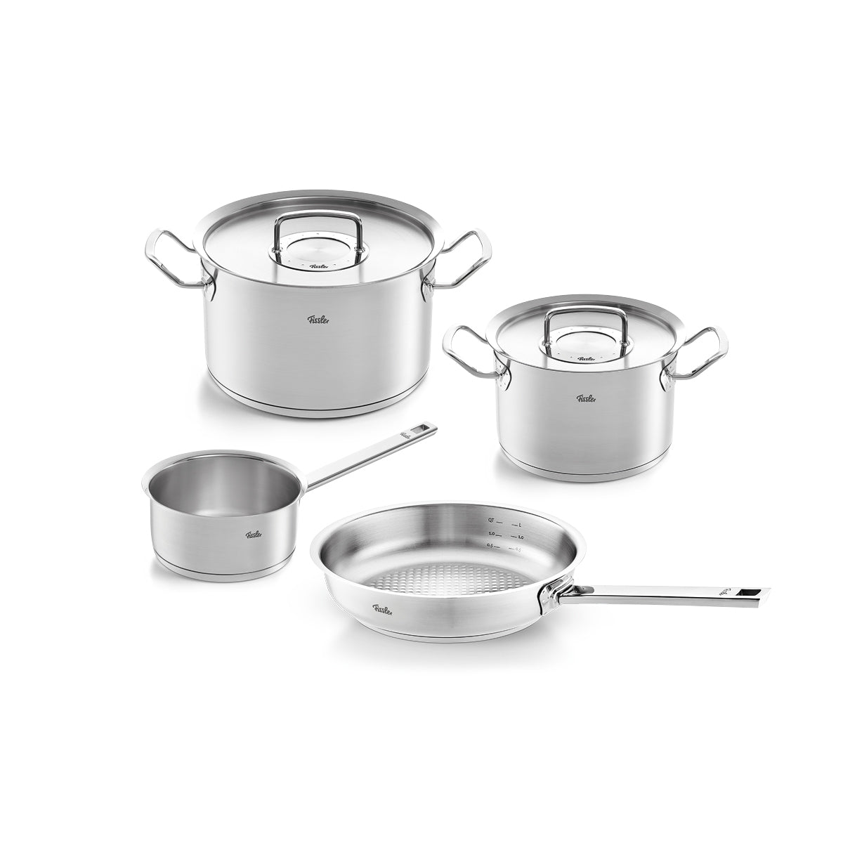 Fissler Original-Profi Collection® 4-piece Cookware Set made of stainless steel with metal lids, made in Germany, on a white background.