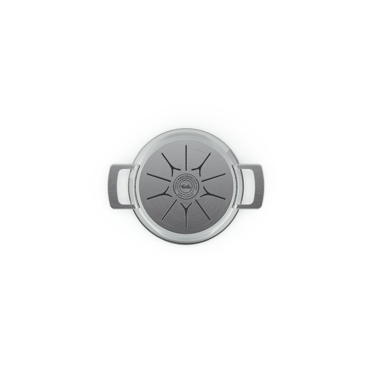Draufsicht auf den Fissler Phi Collection® Bratentopf mit Glasdeckel; zwei Griffe, gemusterter Glasdeckel, in Weiß – zeitloses deutsches Design.