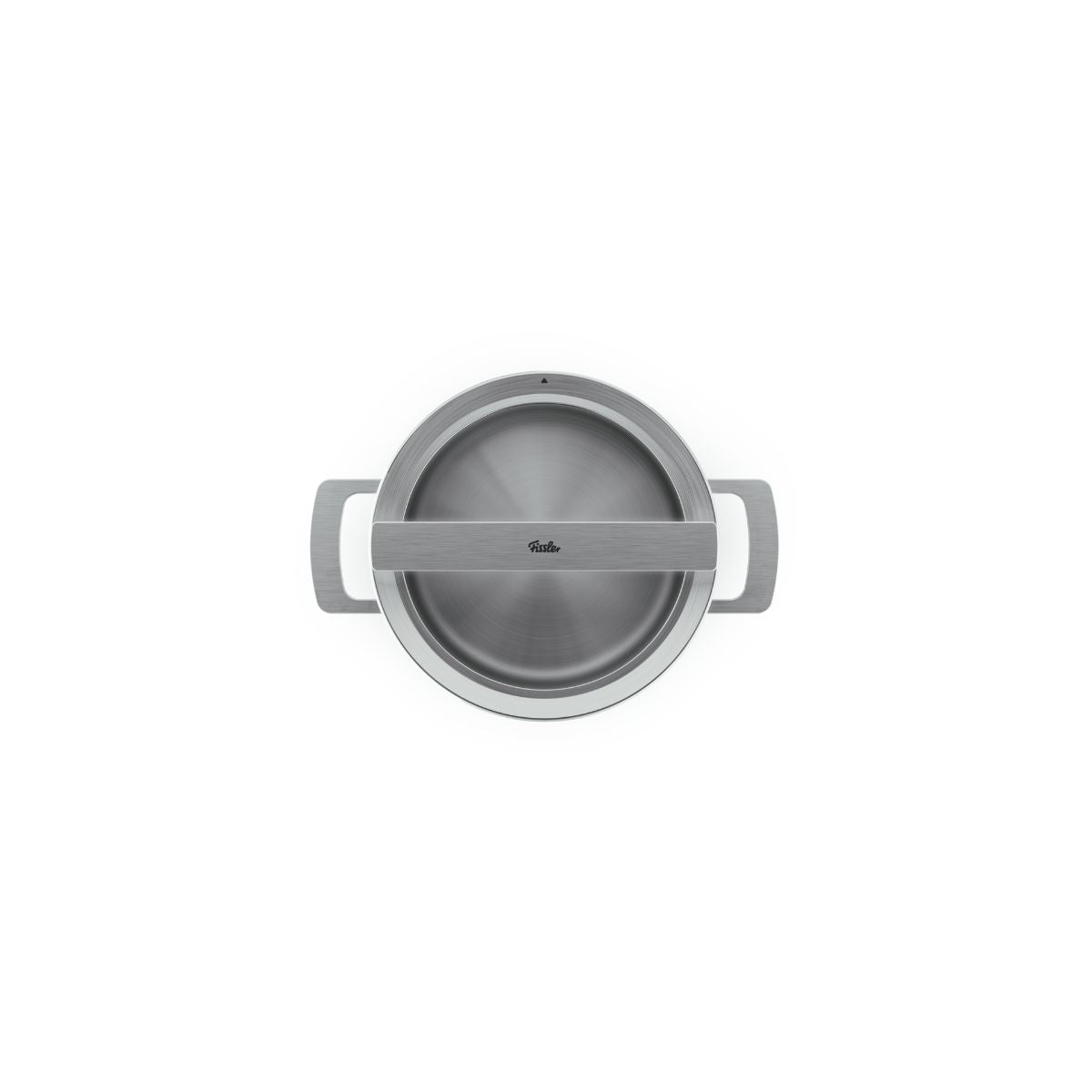 Draufsicht auf den Bratentopf aus der Fissler Phi Collection® mit Glasdeckel und zwei Griffen, der aus präzisionsgefertigtem deutschem Edelstahl gefertigt ist.