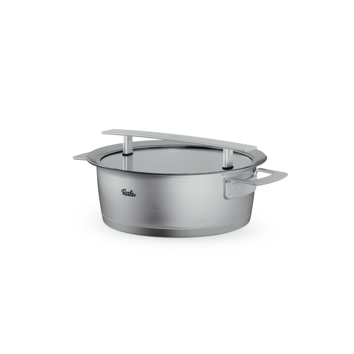 Fissler Phi Collection® 5-piece Cookware Set made of stainless steel with glass lids, precision-engineered in Germany, shown on a white background.