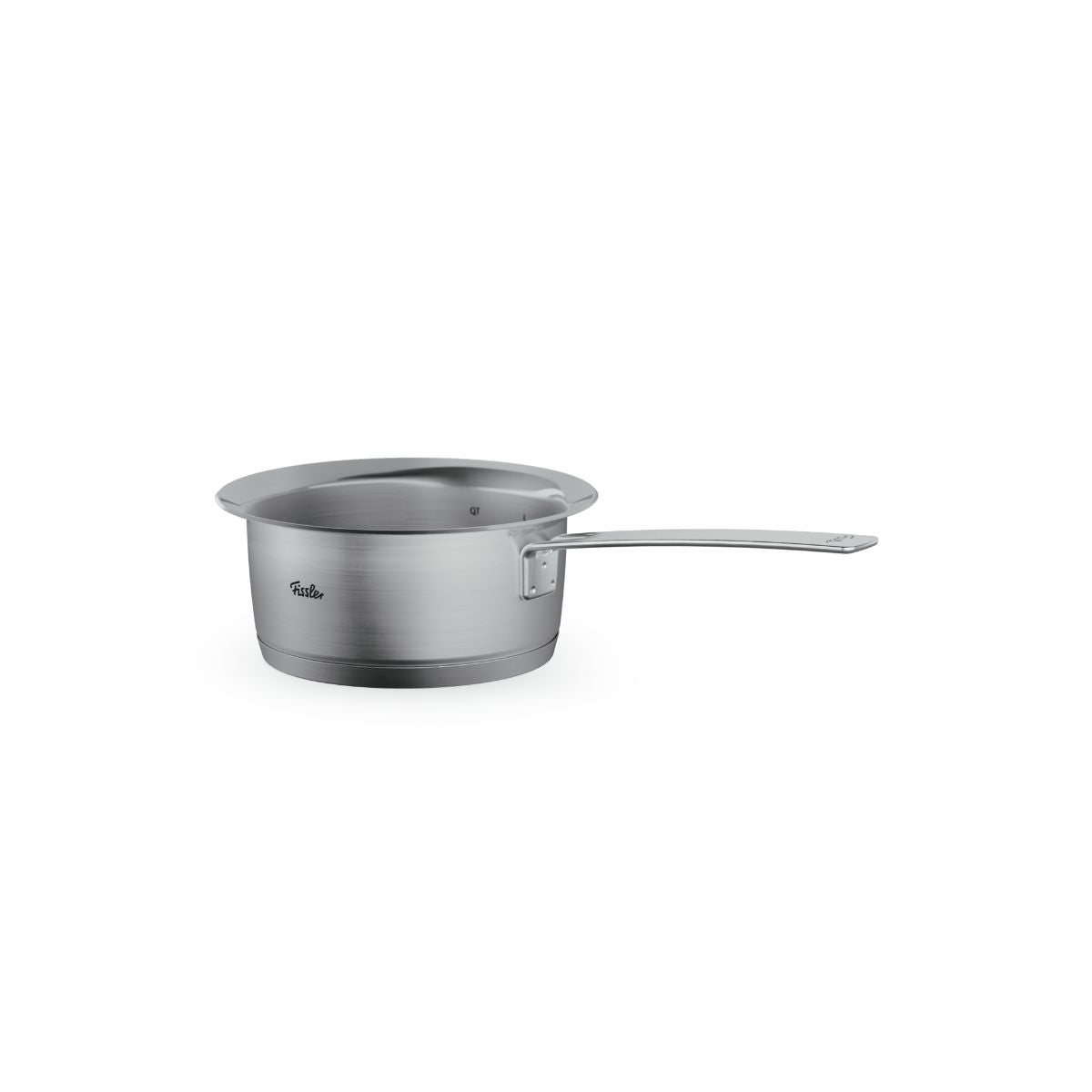 Fissler Phi Collection® 5-piece stainless steel pot set with glass lids, precision-crafted in Germany, on a white background.