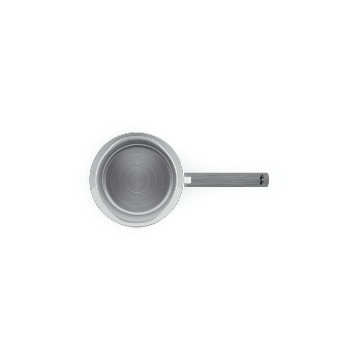 Top-down view of the Fissler Phi Collection® Stielkasserolle, premium stainless steel saucepan with long handle, Made in Germany.