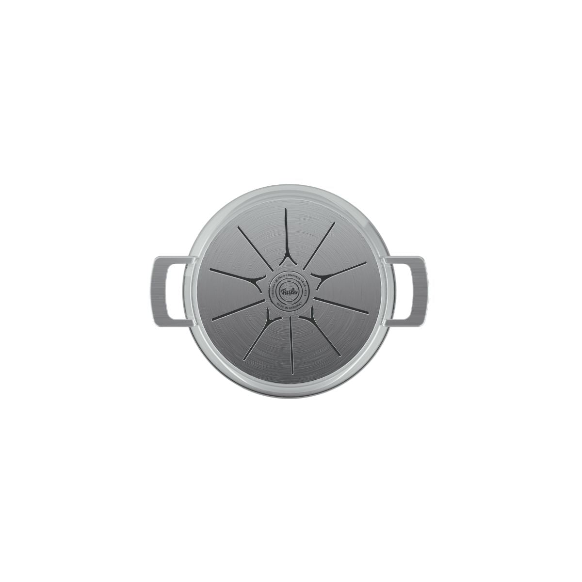 Draufsicht auf den Edelstahltopf der Fissler Phi Collection® mit Glasdeckel, zwei Griffen und den charakteristischen eingravierten Linien – Hergestellt in Deutschland.