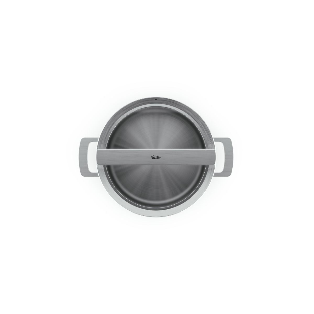 Draufsicht auf den 24-cm-Glasdeckel der Fissler Phi Collection® auf einem hochwertigen Edelstahltopf – ein Beispiel für deutsche Ingenieurskunst und Design.