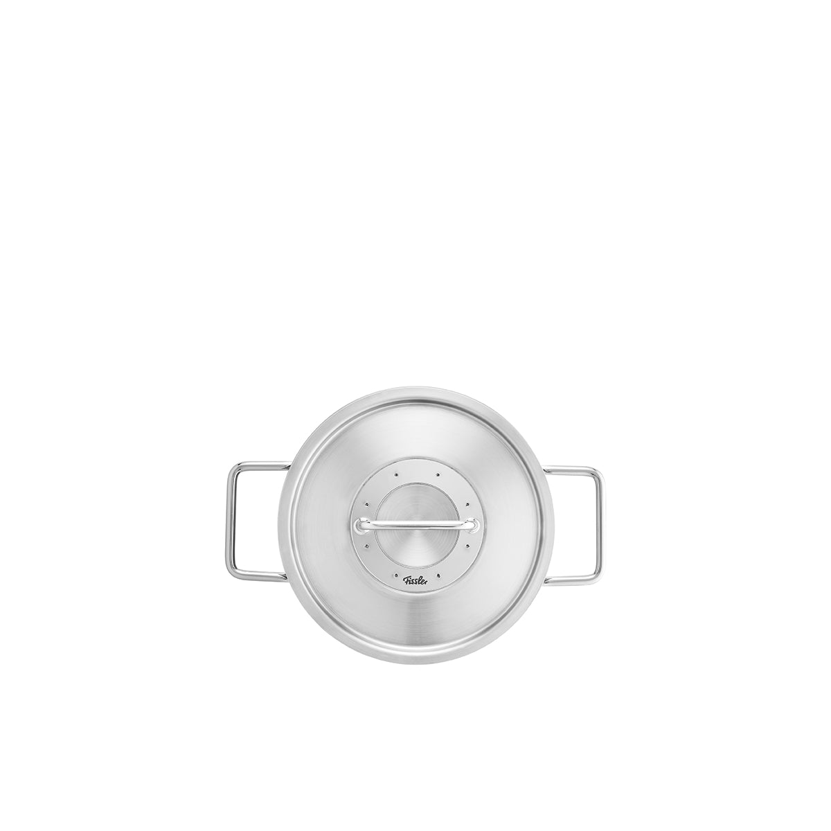Top-down view of a Fissler Pure Collection stainless steel pot with a metal lid and two handles, expertly made in Germany.