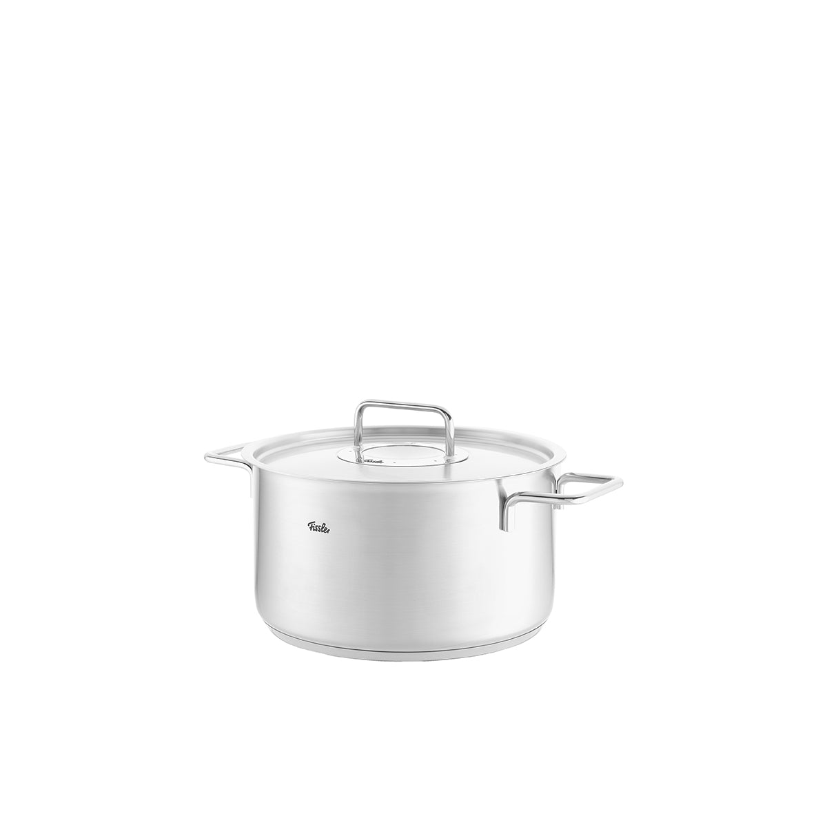 Fissler Pure Collection Cooking Pot with Metal Lid: precision-engineered, durable, timeless design - made in Germany. White background.