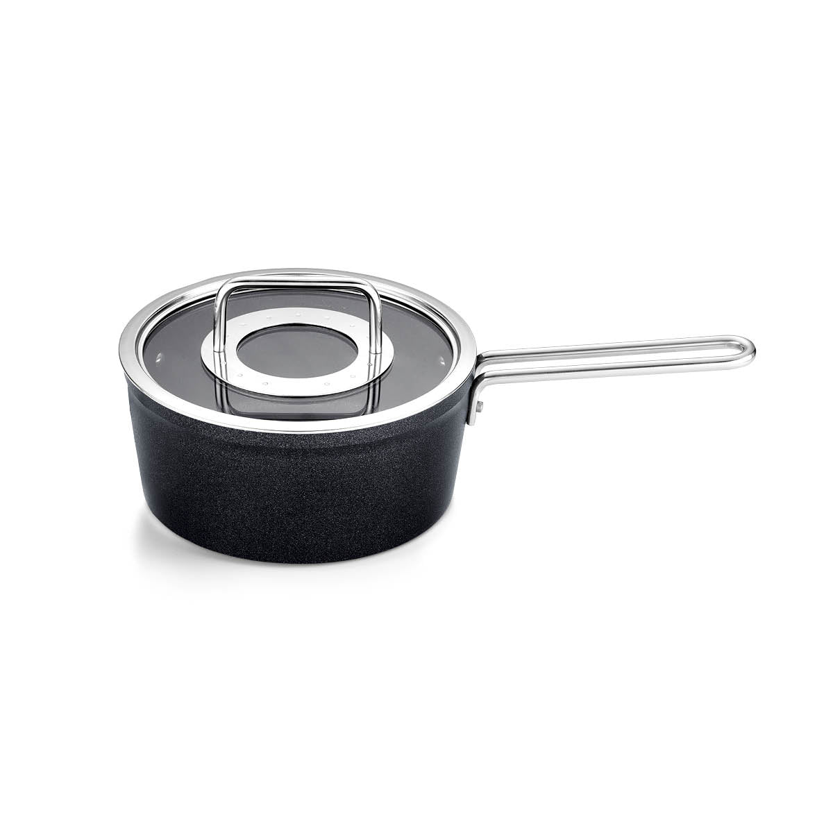 Fissler Adamant® 18cm Stielkasserolle mit Glasdeckel, kratzfest, silberner Griff. Präzision und Design aus Deutschland, Draufsicht.