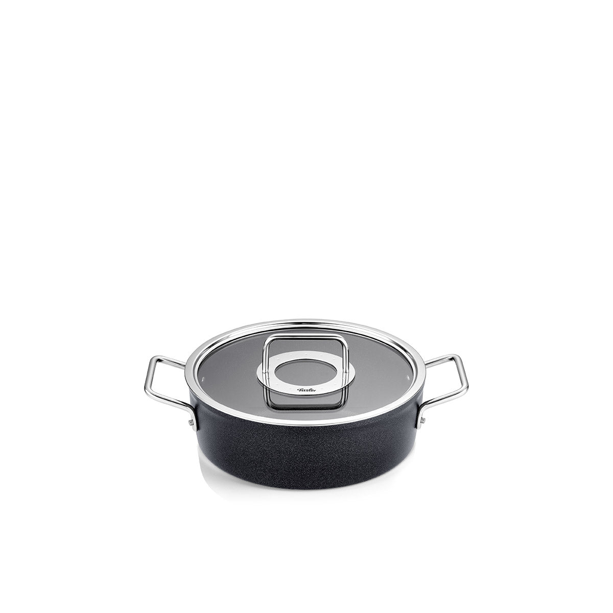 Fissler Adamant® Casserole Pot: Black, round pot with metal handles and Glass Lid. Modern, durable design "Made in Germany".