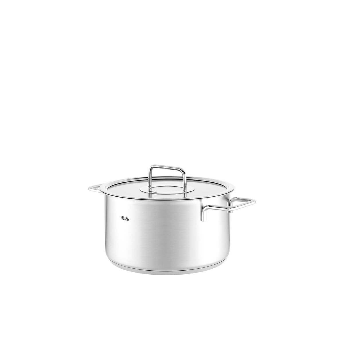 Fissler Pure Collection® 4-piece stainless steel Cookware Set with glass lids, durable and precision-crafted, on a white background.