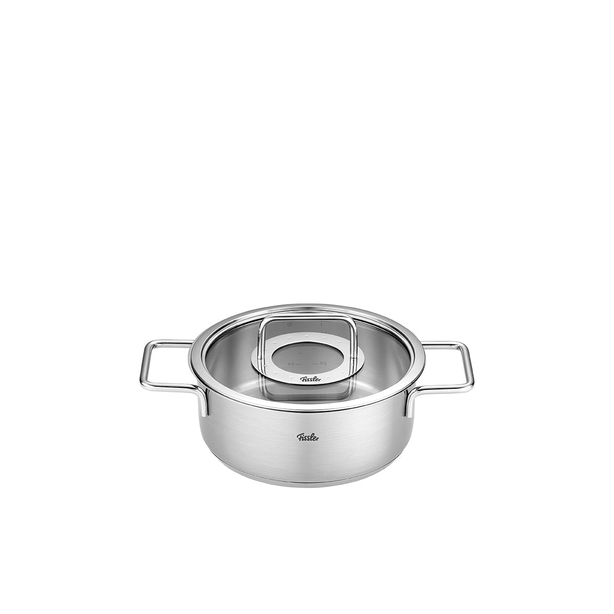 Fissler Pure Collection® 4-piece Cookware Set made of stainless steel, with glass lids and two handles, high-quality on a white background.