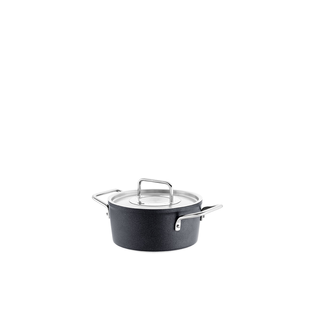 Small black Fissler Adamant® pot with metal lid and handles, durable non-stick coating, precision-made in Germany, on a white background.