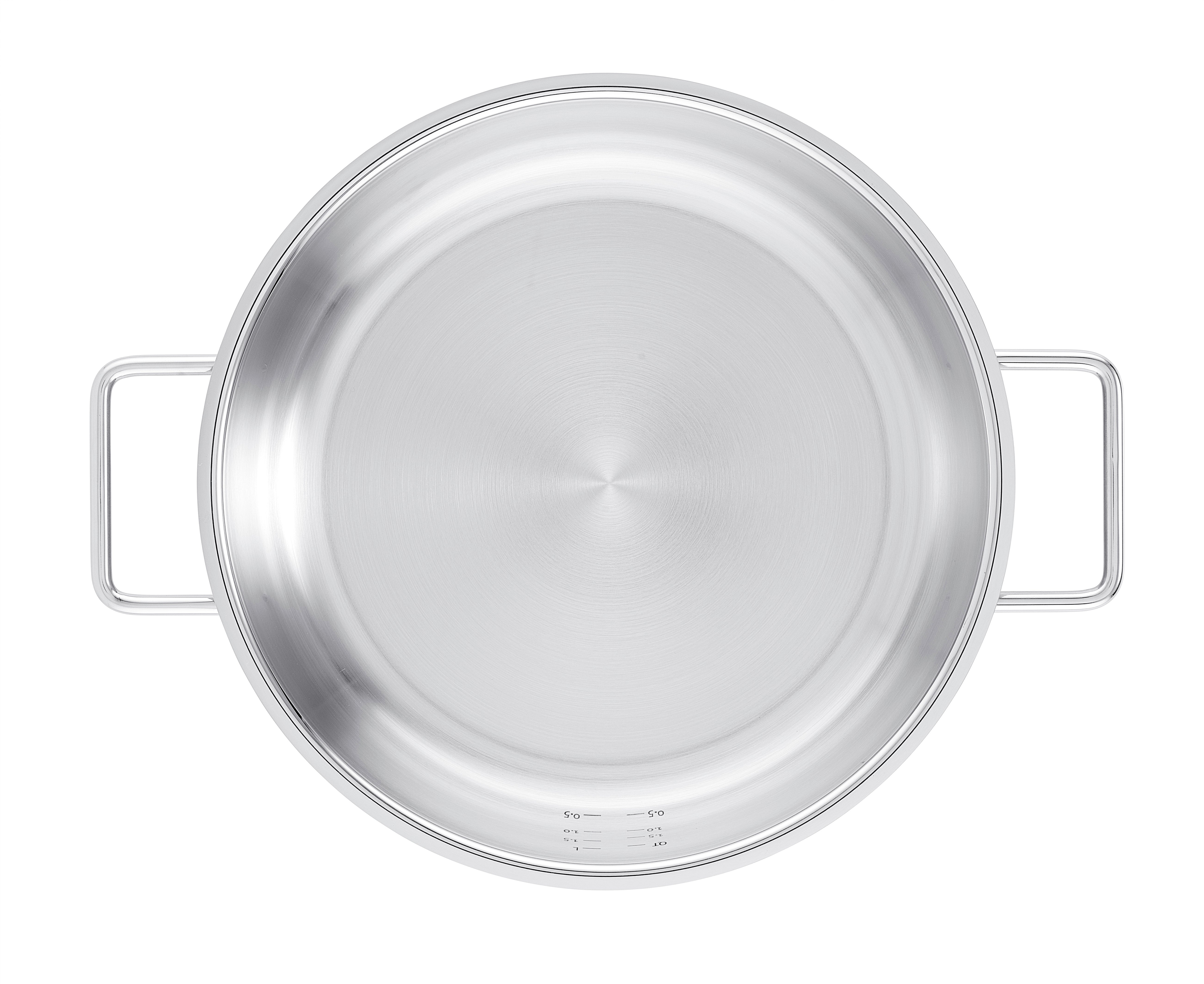Top view of the Fissler Pure stainless steel two-handle serving pan, on a white background - timeless Fissler quality.