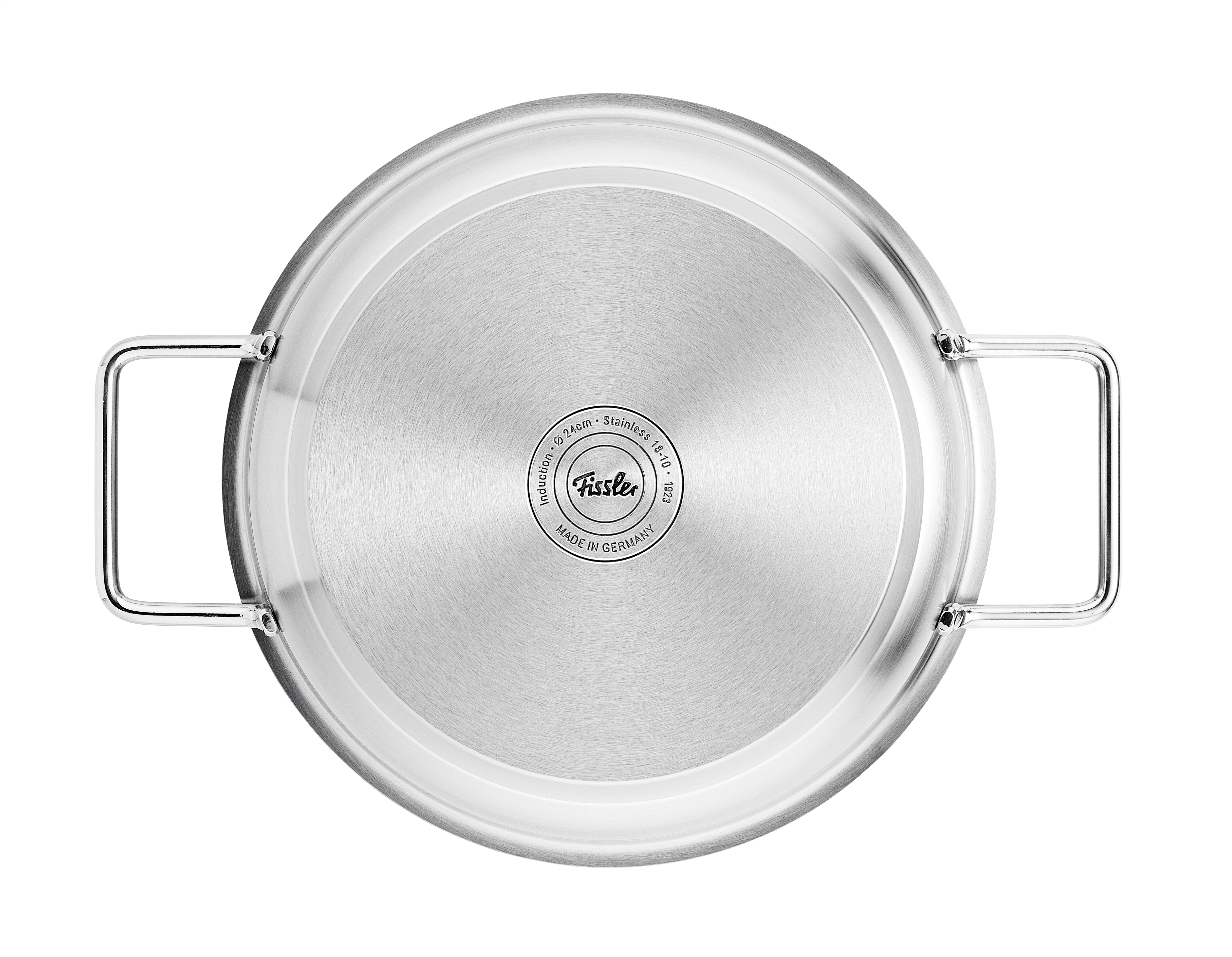 Top view of the Fissler Pure serving pan with two handles, base made of recycled stainless steel, Fissler logo - timeless German quality.