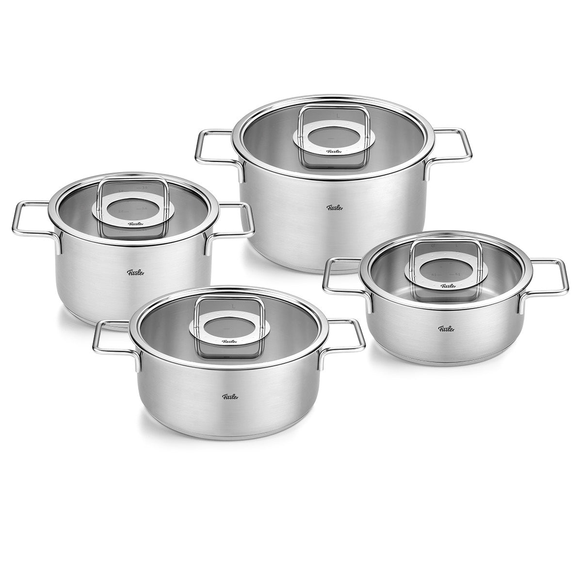 Fissler Pure Collection® 4-piece Cookware Set made of stainless steel with glass lids, precision-made in Germany, neatly arranged on white.