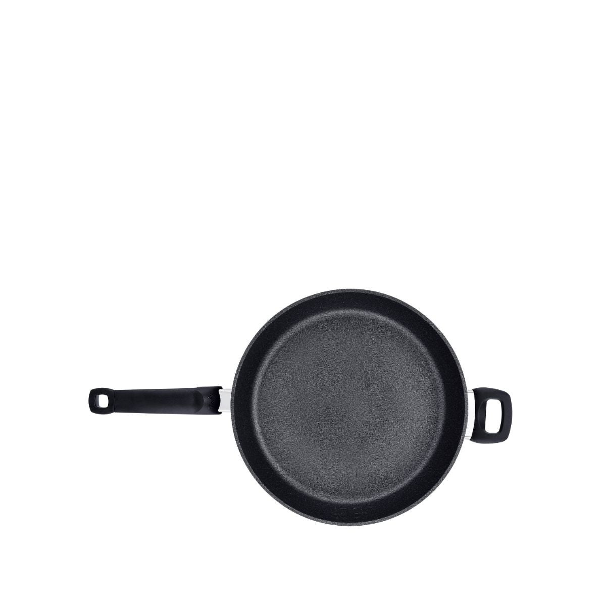 Fissler Adamant® Comfort Frying Pan - modern non-stick pan with long handle and helper handle, shown from above. Made in Germany.
