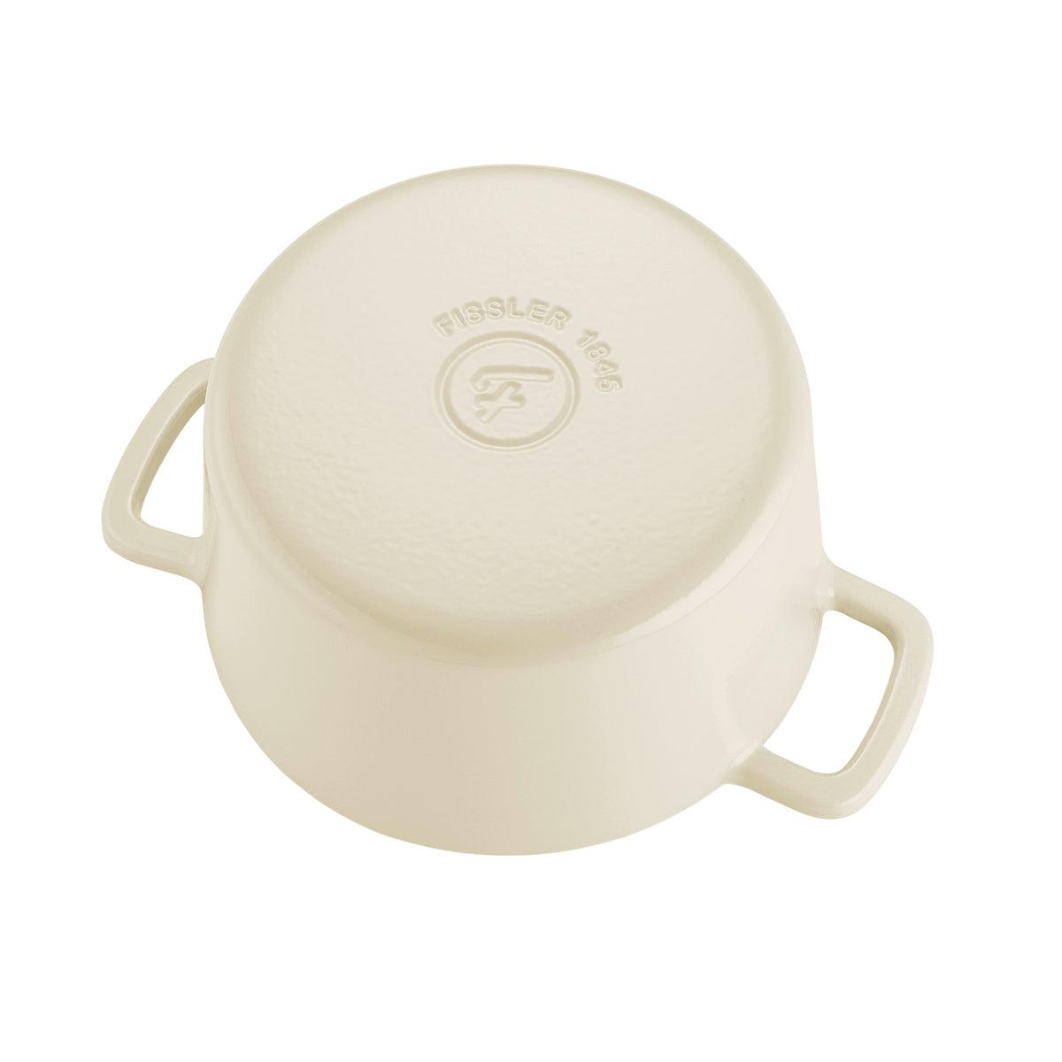 Cream Moments Collection cast iron pot by Fissler, upside down, showing the logo on the bottom and side handles - premium cookware made in Germany.
