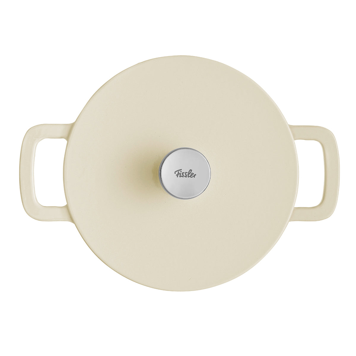 Top view of the Fissler Moments cream cast iron pot with lid and handles - timeless German design for energy-efficient cooking.