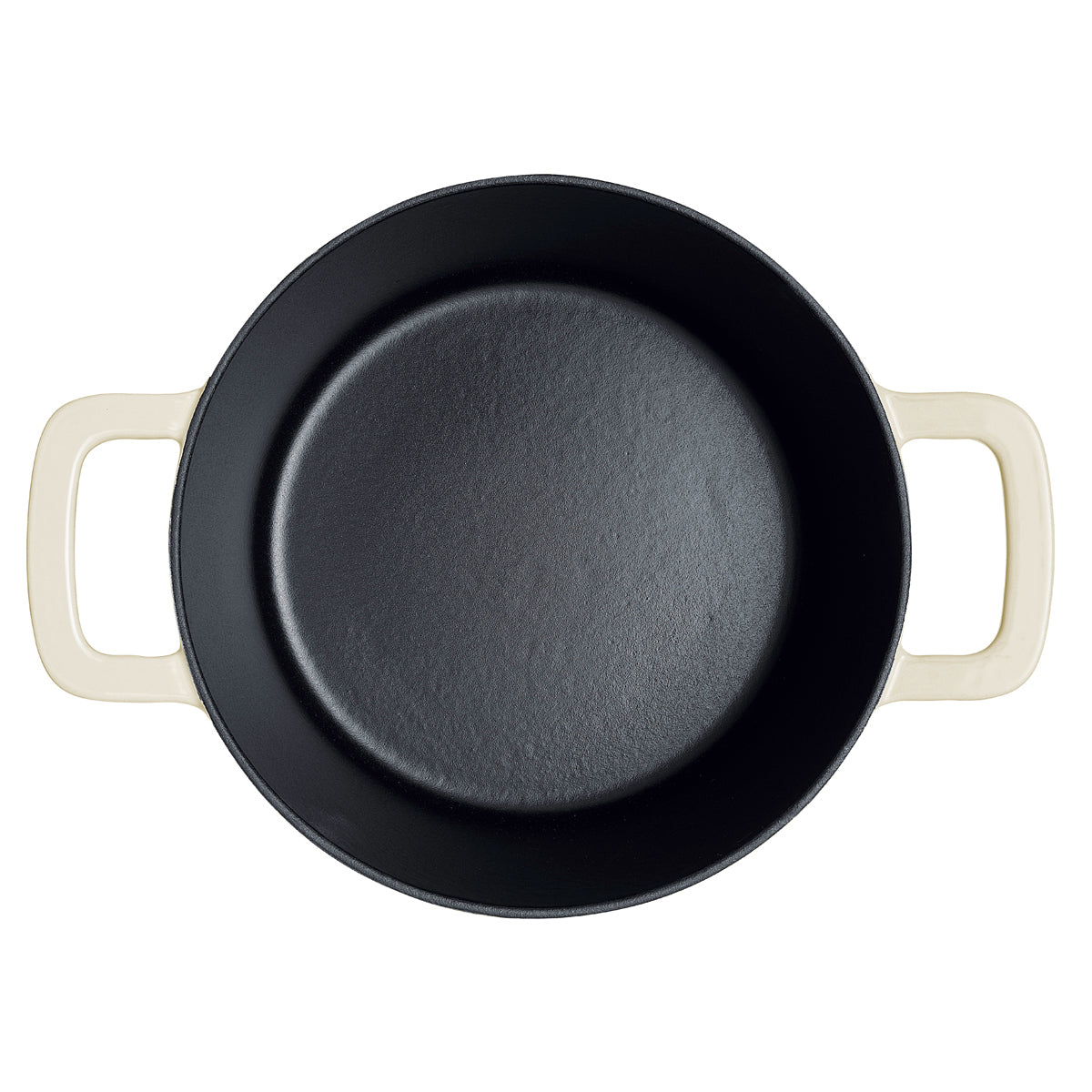Top-down view of the black Fissler Moments cast iron pot with cream-colored handles - precision-crafted, durable, and made in Germany.