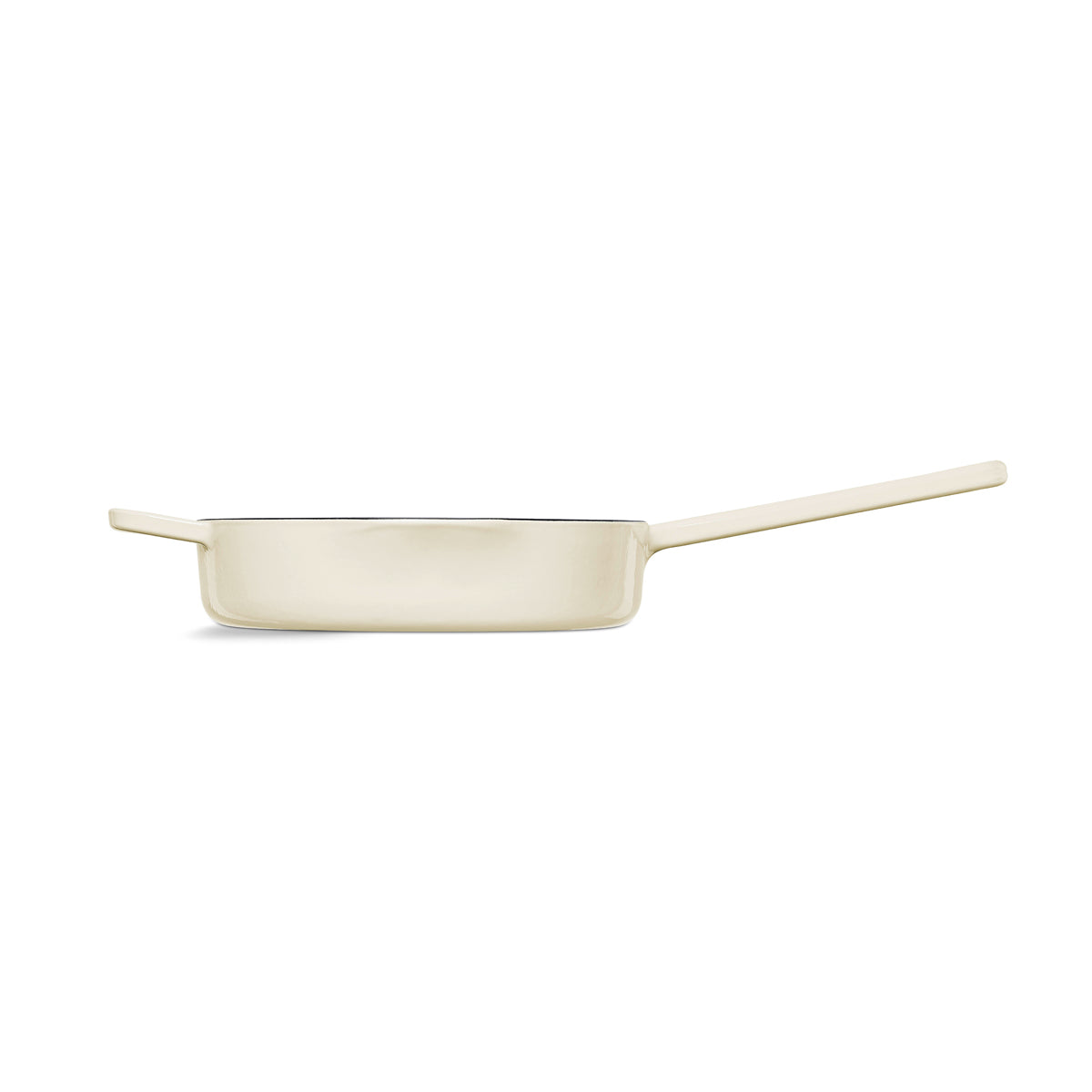Fissler Moments Collection cast iron Frying Pan, cream, rectangular, long handles and helper handles - modern German design on a white background.