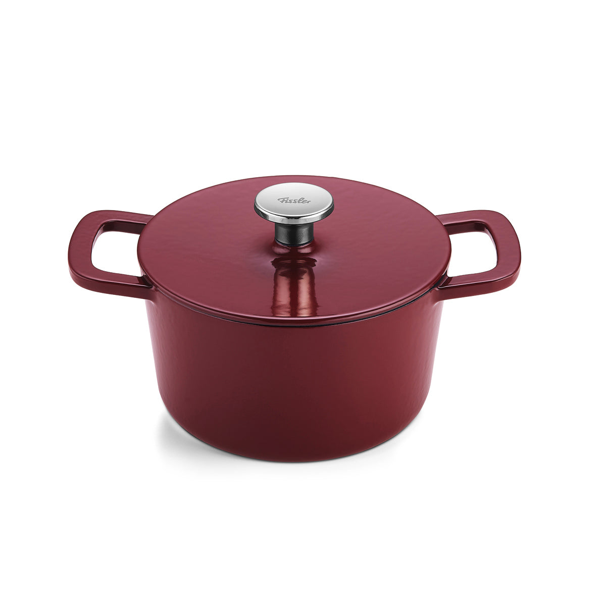 Fissler Moments burgundy red, cast iron Dutch oven with lid, silver knob, and side handles - precision engineering for efficient cooking.