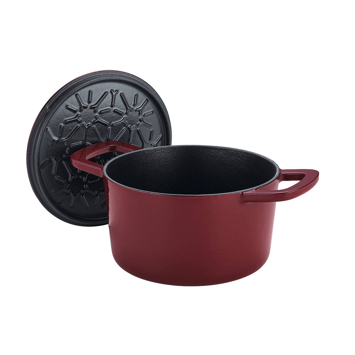Fissler Moments red cast iron pot with two handles and black lid, open on white - made in Germany for efficient, stylish cooking.