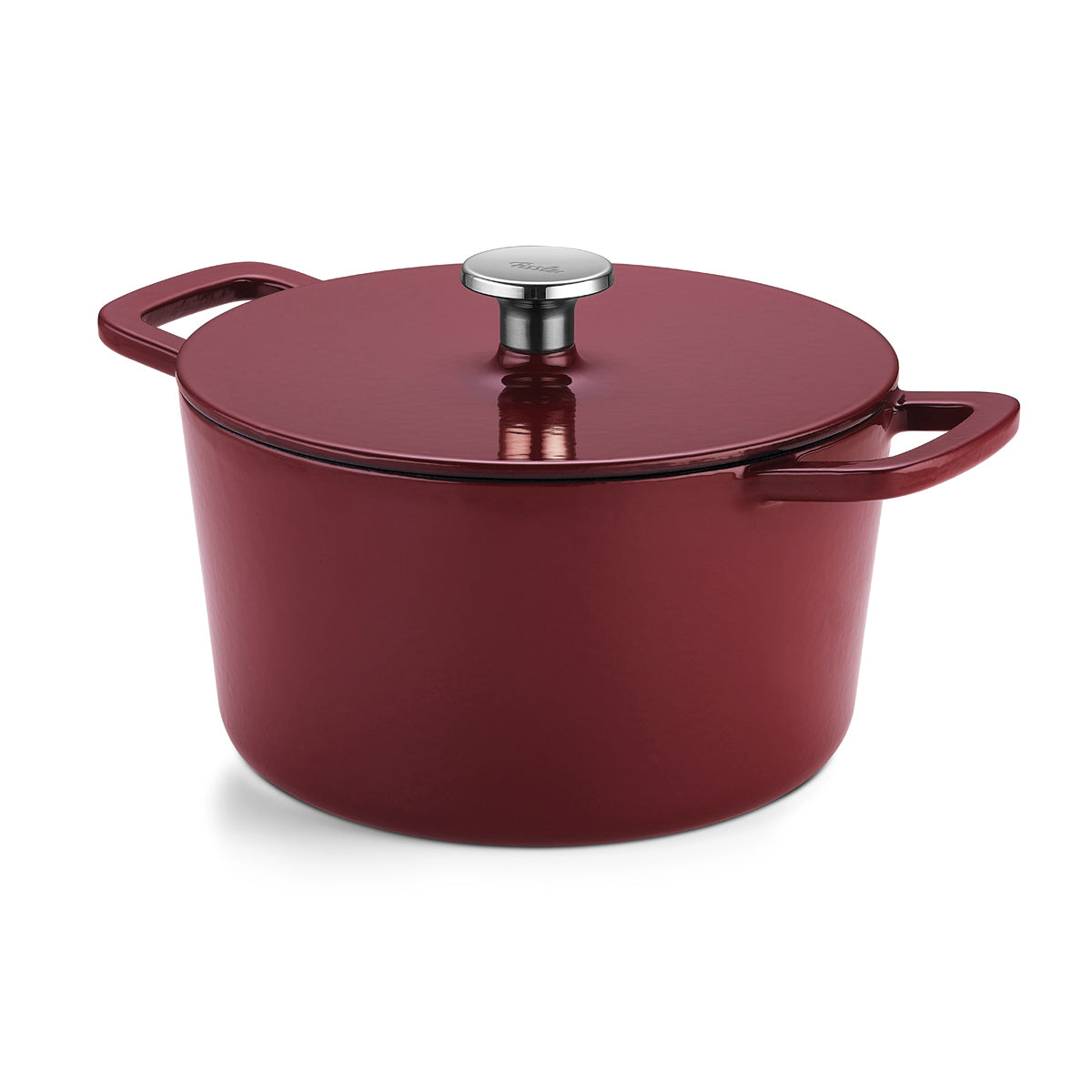 Burgundy red, round cast iron pot from the Fissler Moments Collection with lid and silver knob - timeless German design for energy-efficient cooking.