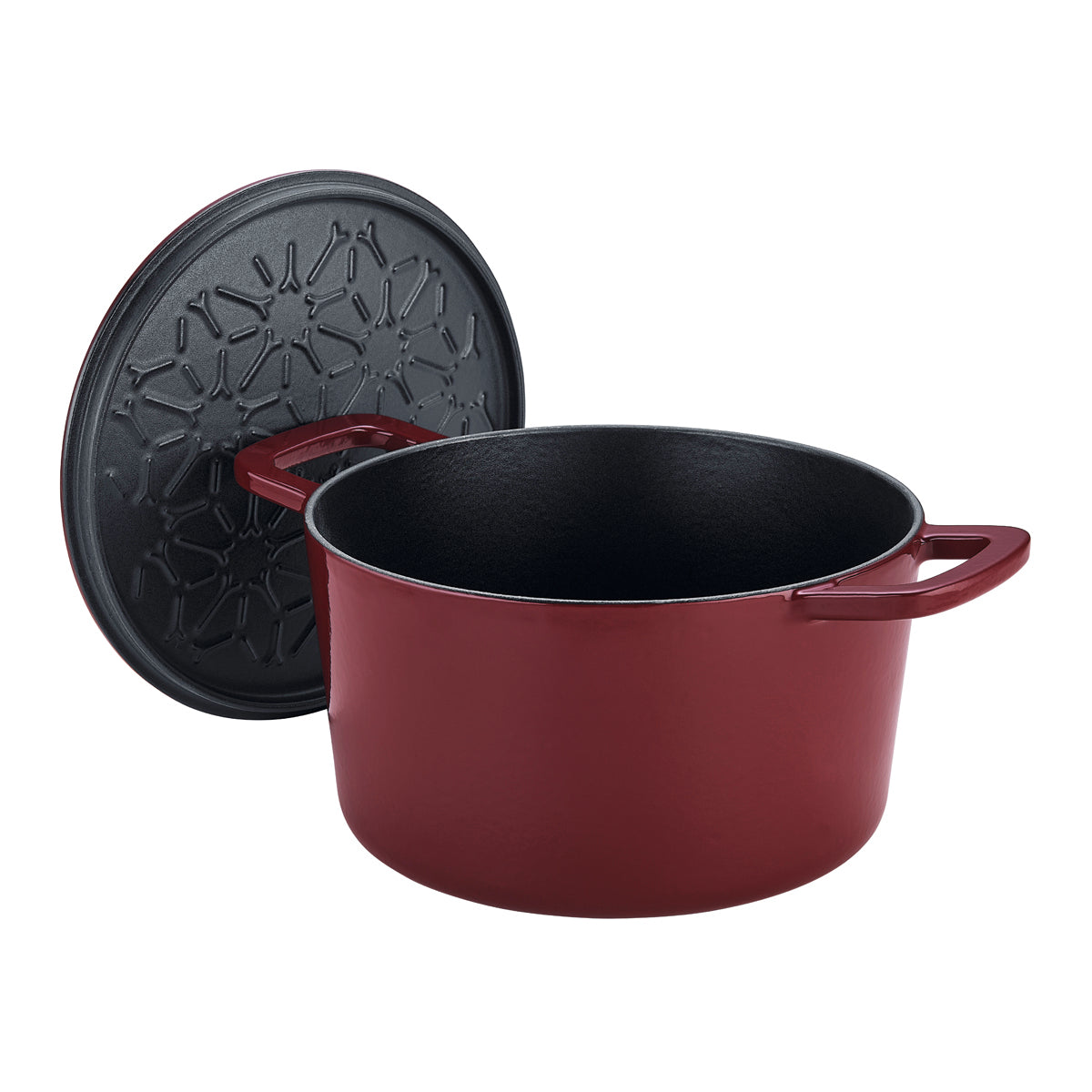 Fissler Moments Cast Iron Pot Dutch Oven in Red with Standing Lid, featuring a geometric pattern for efficient German-style cooking.