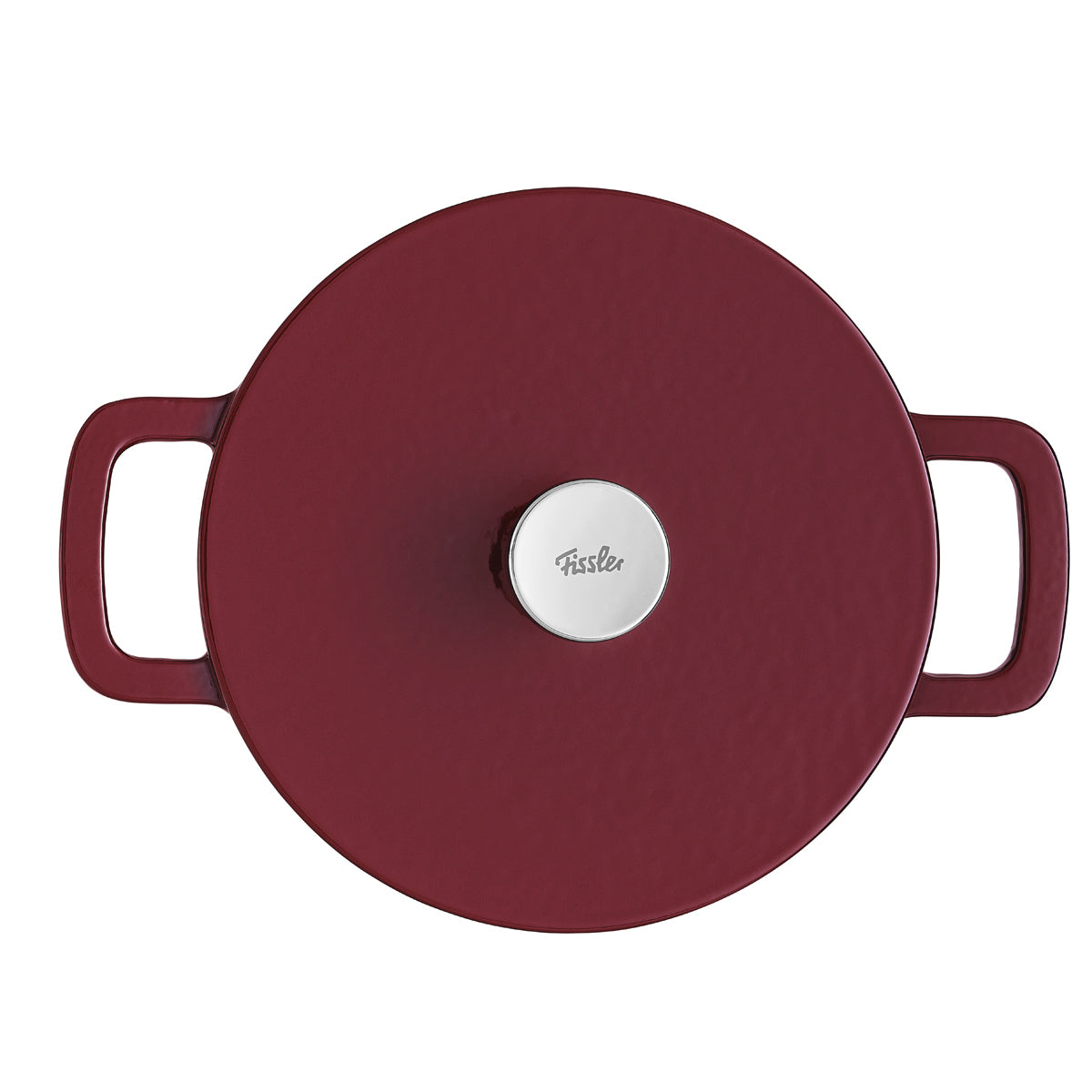 The burgundy Fissler Moments cast iron pot with two handles and silver lid knob - precise, durable German design.
