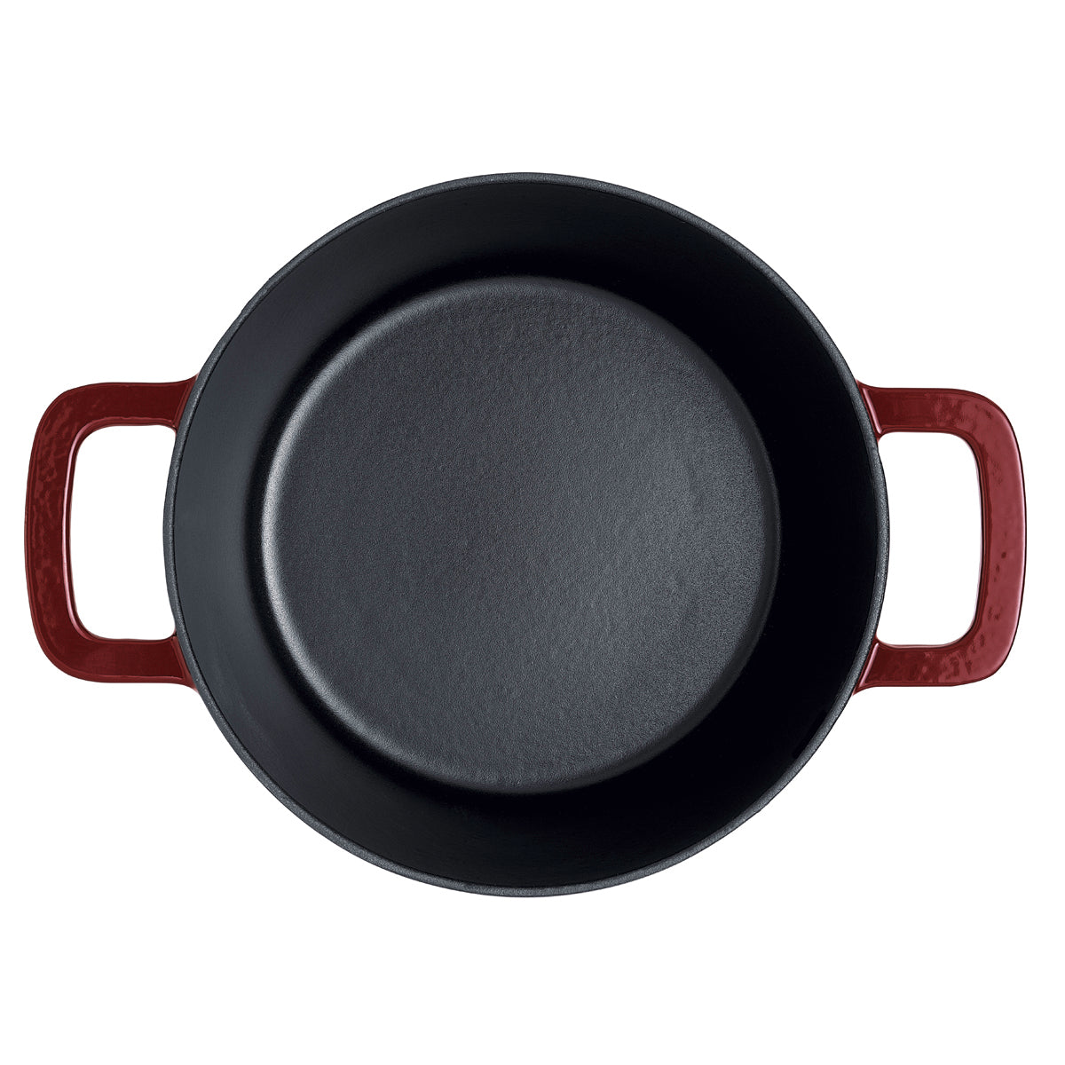 Top view of a Fissler Moments cast iron pot with red handles, high-quality German design, shown on a white background.