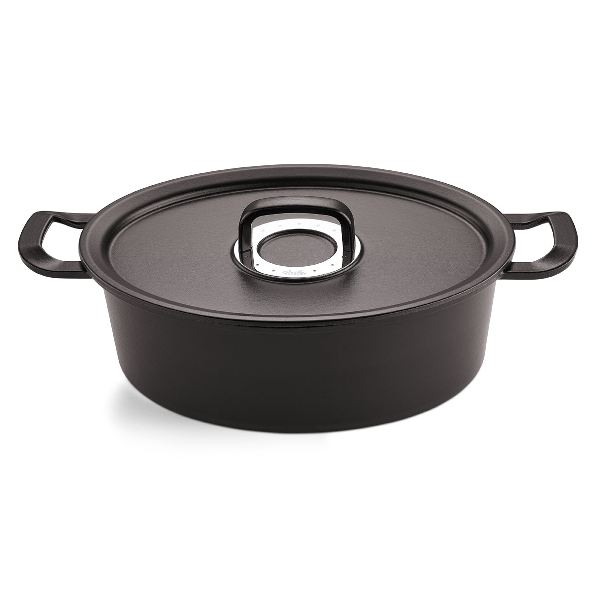 Fissler Original-Profi Collection® cast iron roaster in matte black, oval with lid, silver knob, and side handles on a white background.