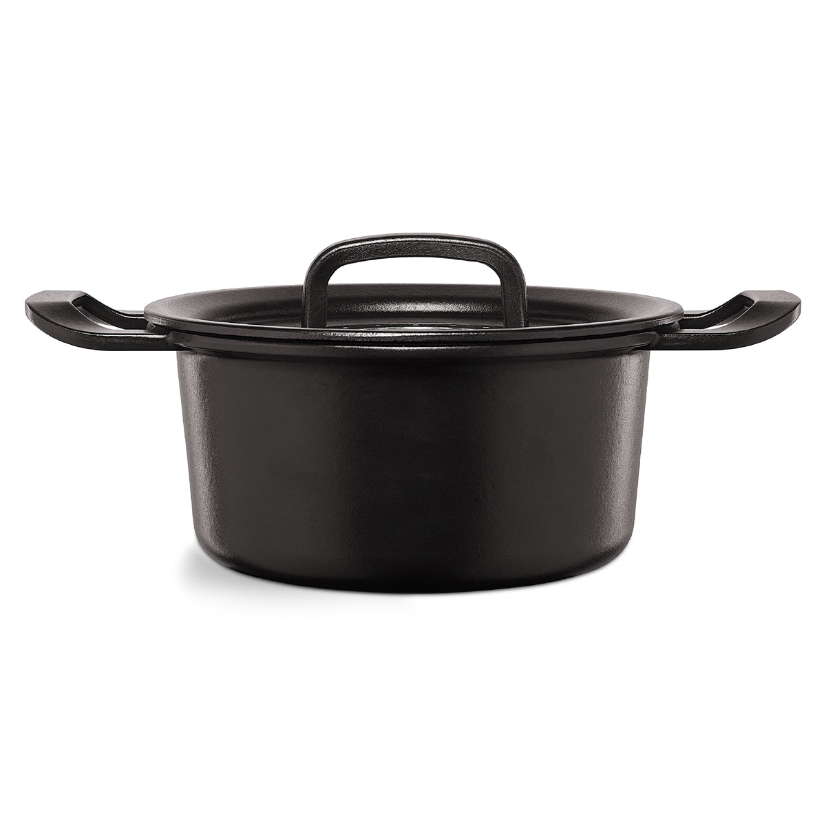 Fissler Original-Profi Collection® black cast iron pot with lid and side handles, modern German design, on a white background.