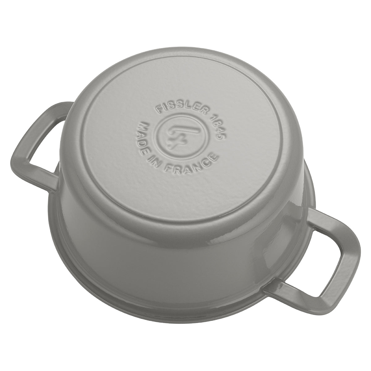 Gray Fissler Original-Profi Collection® cast iron pot, upside down, with two handles and embossed Fissler 1845 lettering on the bottom.