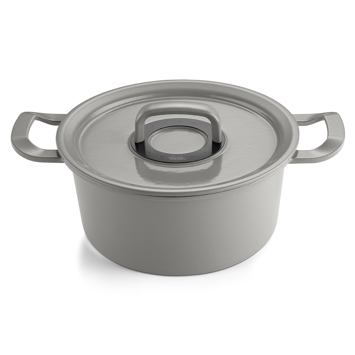 The Fissler Original-Profi Collection® cast iron Cooking Pot, grey enamel Dutch oven with Lid, iconic handles; timeless German design.