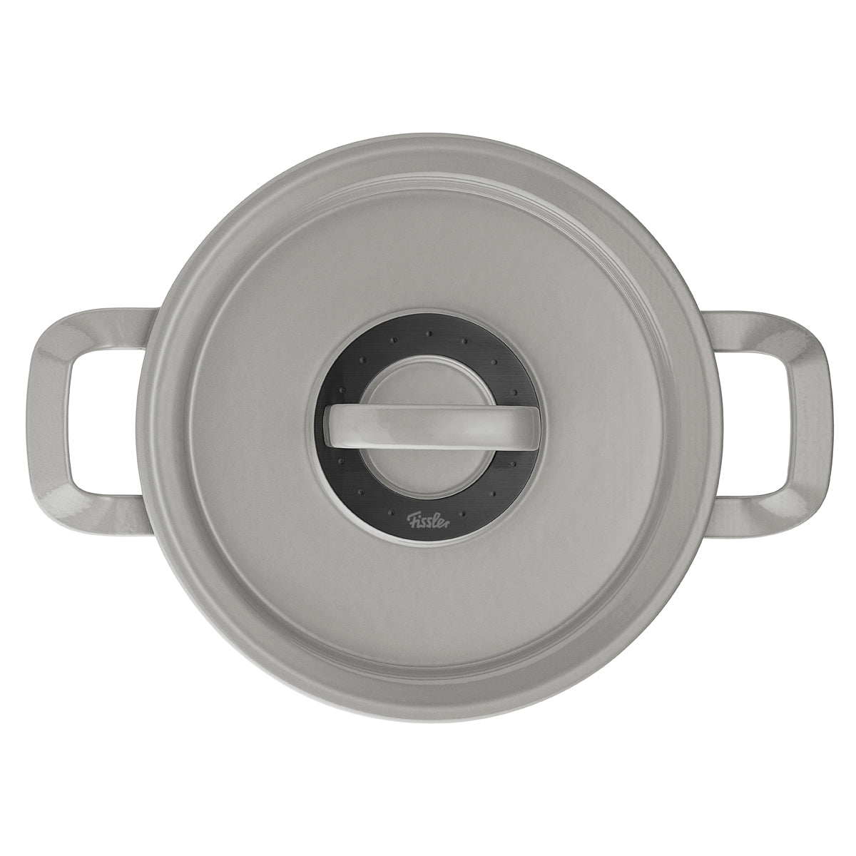 Top-down view of the Fissler Original-Profi Collection® pot: stainless steel, two handles, precision lid, iconic modern German design.
