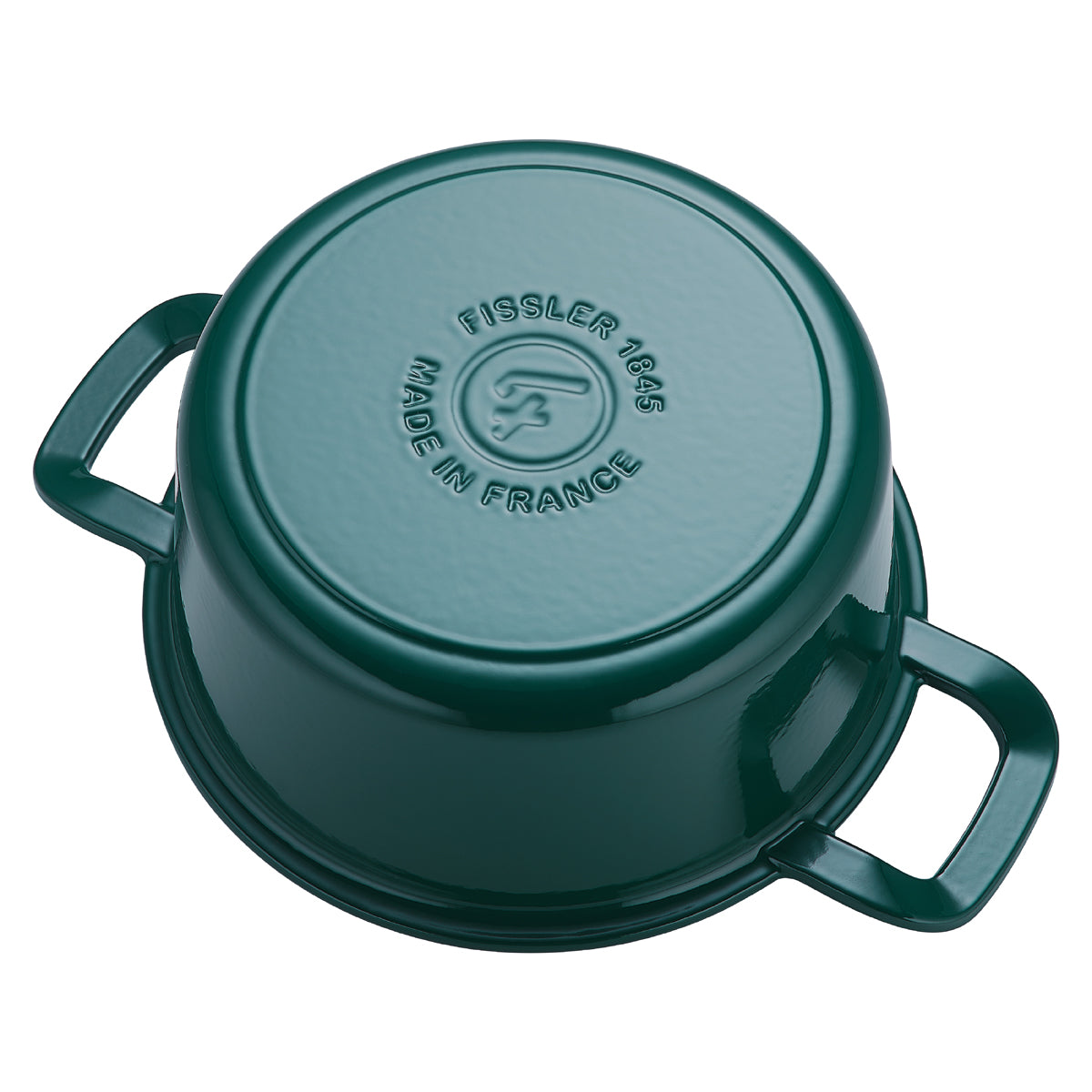 Green cast iron pot from the Fissler Original-Profi Collection®, upside down, with two handles and a base embossed with "Fissler 1845".