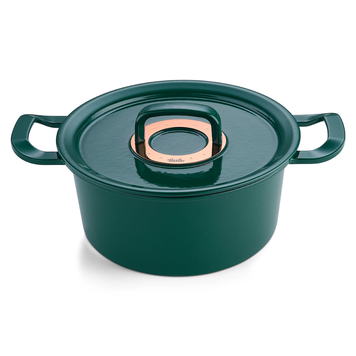 Fissler Original-Profi Collection® green cast iron Dutch oven; round, modern design with lid and side handles - Made in Germany.