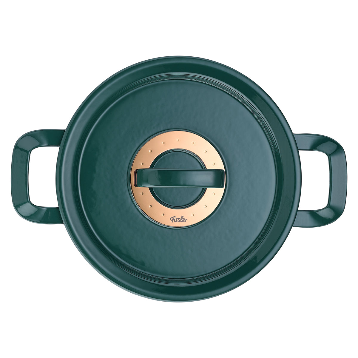 Top view of the Fissler Original-Profi Collection® cast iron Cooking Pot in dark green with gold knob - precision, quality Made in Germany.