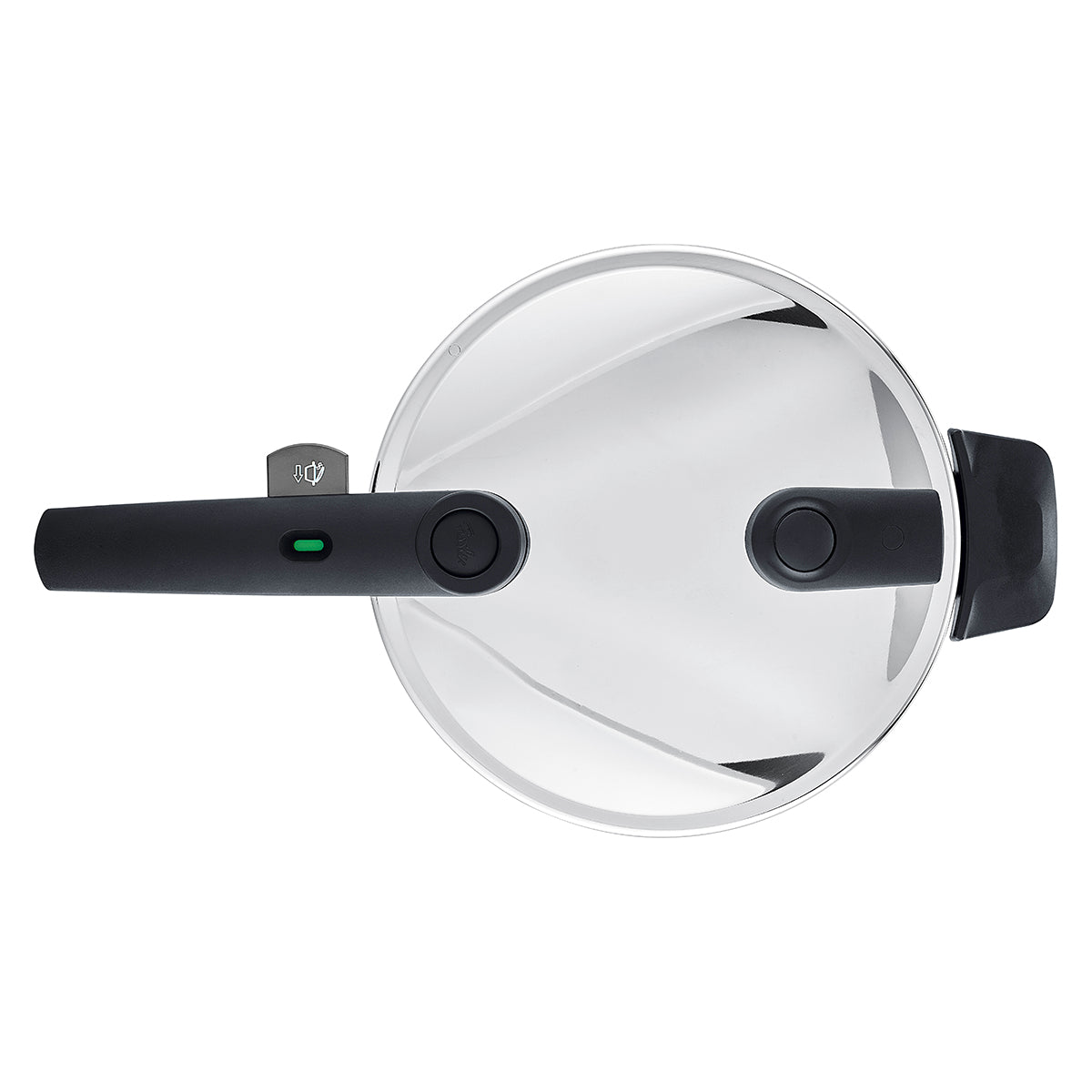 Draufsicht auf den Fissler Vitaquick®-Deckel aus hochwertigem Edelstahl 18/10, mit ergonomischem schwarzen Griff, grüner Anzeige und Bedienelementen.