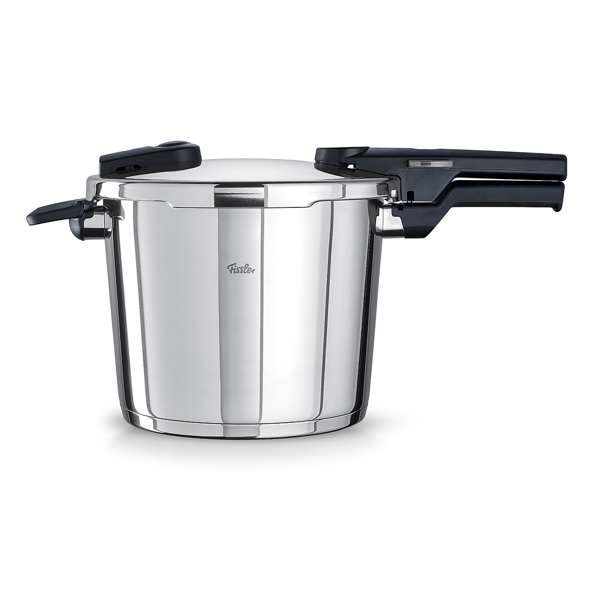 Fissler Vitaquick® Schnellkochtopf aus Edelstahl 18/10 mit schwarzen Griffen und sicherem Deckel auf weißem Hintergrund.